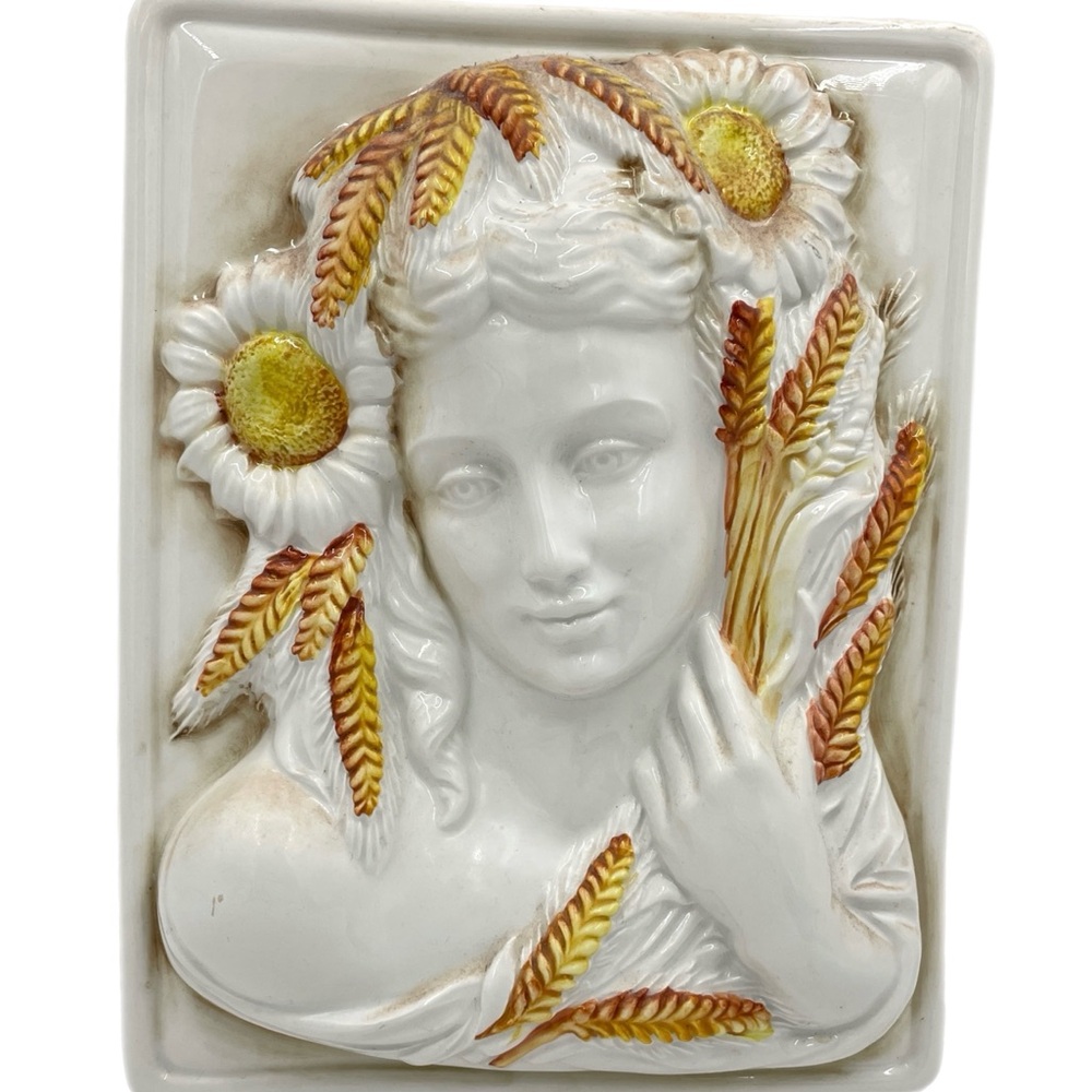 Vintage Ceramic Woman with Sunflowers & Wheat Plaque Wall Decor Italy